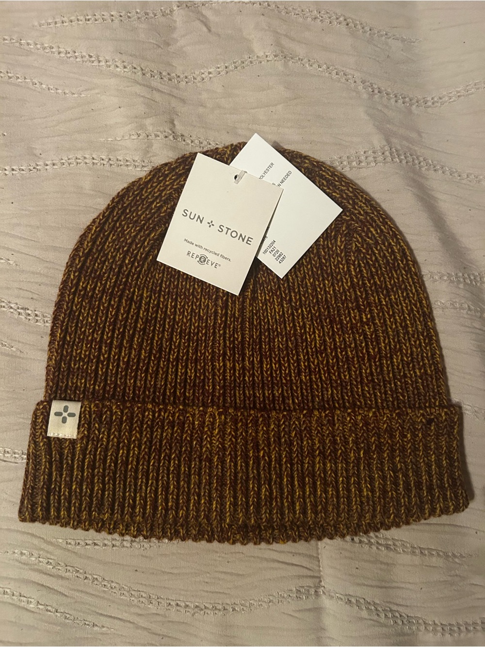 Sun + Stone Marled Brown and Mustard Knit Beanie